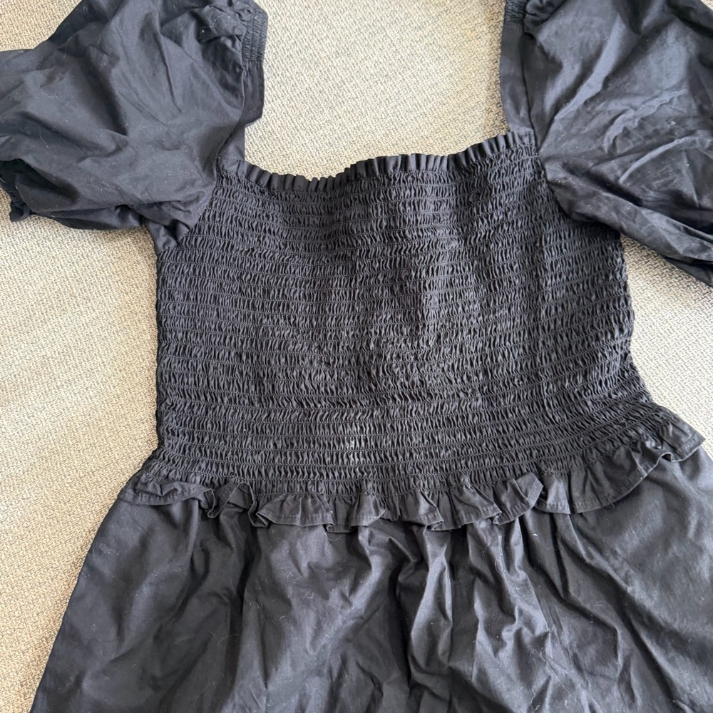French Connection Black Smocked Puff-Sleeve Dress- 100% Cotton - Picture 6 of 10
